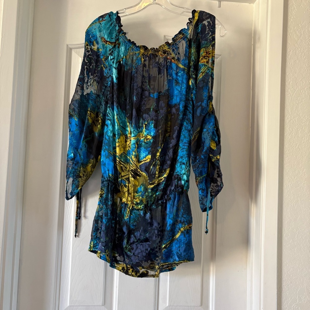 Cache Silk Blend Blouse Blue Gold Marble Ruffle Whimsical Flowy Boho Celestial S - Picture 3 of 8